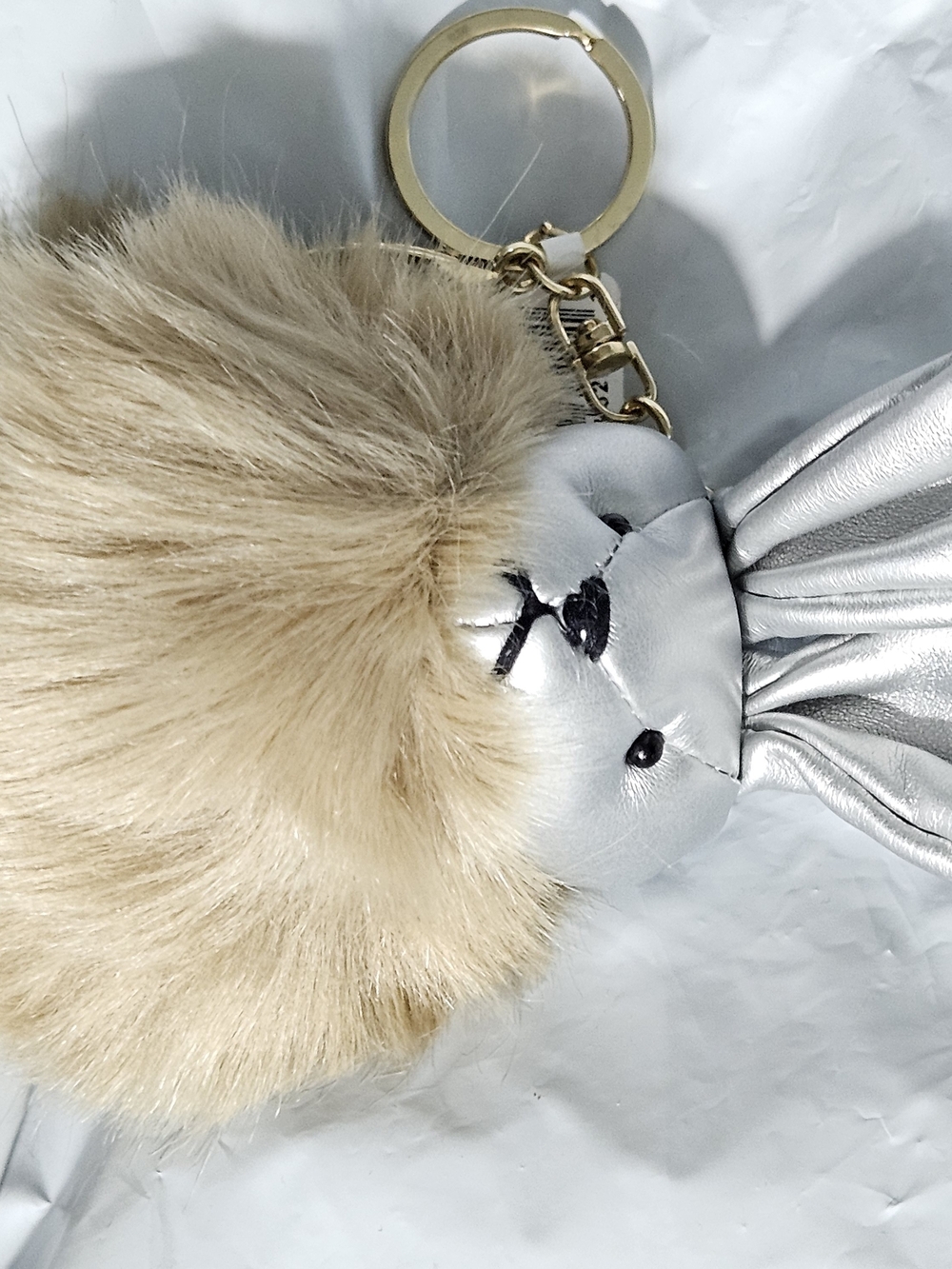 Plush Bunny Pom Keychain - Silver Leather & Beige Fur